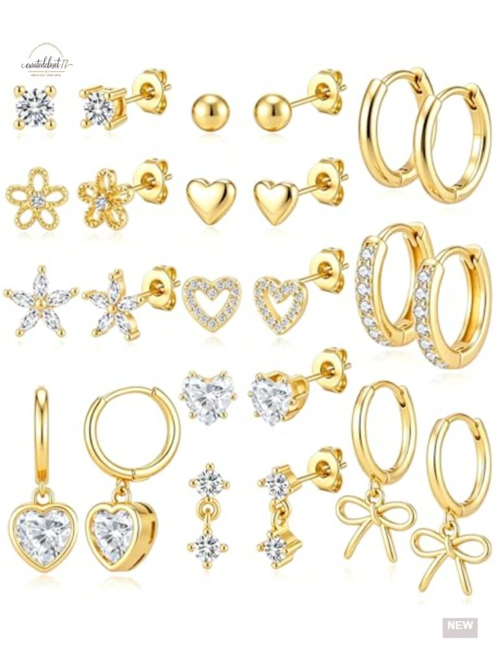 12 Pairs Stud Hoop Earrings Set for Women - 14K Gold Plated Hypoallergenic